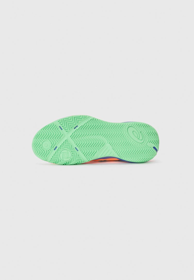 Green rubber sole with a textured zigzag pattern and circular accents, featuring orange and blue detailing along the sides.