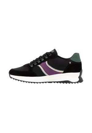 Black and purple athletic sneakers made of suede and mesh, featuring a white zigzag accent, textured sole, and green heel detail.