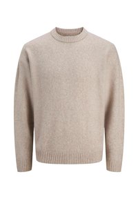 Beige, stickad tröja med ribbad rund halsringning och muddar, med en avslappnad passform och mjuk textur. Inga mönster eller dekorationer.