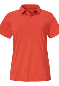 Rotes Polohemd aus strukturiertem Stoff. Verfügt über einen Kragen und eine Knopfleiste mit drei Knöpfen. Enthält ein kleines blaues Logo auf der linken Brust.