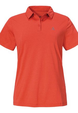 Rotes Polohemd aus strukturiertem Stoff. Verfügt über einen Kragen und eine Knopfleiste mit drei Knöpfen. Enthält ein kleines blaues Logo auf der linken Brust.