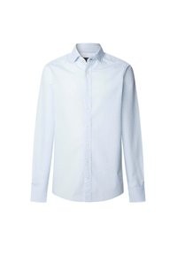 Camicia a maniche lunghe azzurro chiaro con un sottile motivo a pois. Progettata con una chiusura a bottoni e un colletto classico. Texture del tessuto liscia.
