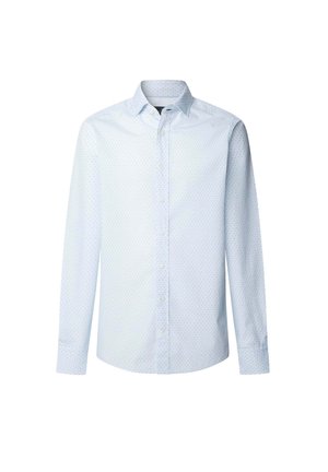 Camisa de manga larga azul claro con un sutil patrón de puntos. Diseñada con un cierre de botones en la parte delantera y un cuello clásico. Textura de tela suave.