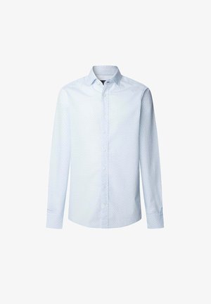 Hellblaues Langarmhemd mit einem dezenten Polka-Dot-Muster in dunkleren Blau- und Grüntönen, ausgestattet mit klassischem Kragen und Vorderknöpfen.