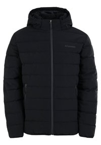 Chaqueta acolchada negra con capucha, con secciones acolchadas, cremallera frontal y bolsillos laterales, fabricada con material resistente al agua.