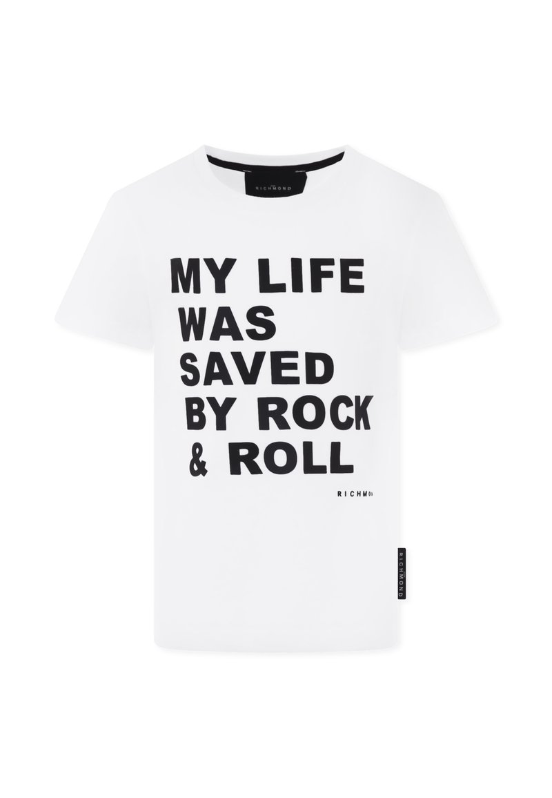 Biała bawełniana koszulka z odważnym czarnym napisem: "MOJE ŻYCIE ZOSTAŁO URATOWANE PRZEZ ROCK & ROLL." Klasyczny krój z okrągłym dekoltem i krótkimi rękawami.