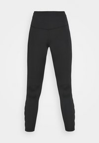 Leggings neri con un alto punto vita, realizzati in un tessuto morbido e elastico. Presentano un design aderente e una costruzione senza cuciture.