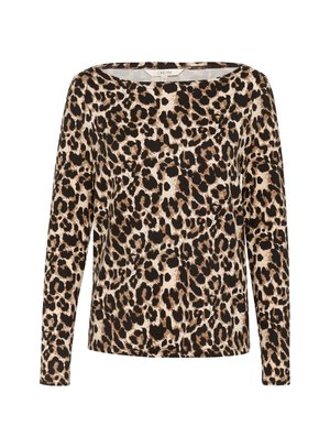 Dlouhý rukáv top v krémové barvě s potiskem leopardího vzoru. Má široký výstřih ve tvaru lodi a jemnou texturu látky.
