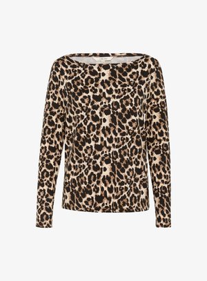 Long-sleeve top in cream with a leopard print pattern. Features a wide boat neckline and a soft fabric texture.