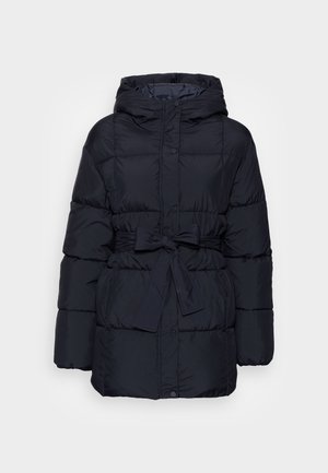 Gepolsterte schwarze Steppjacke mit Kapuze, tailliertem Gürtel, Druckknöpfen und gestepptem Textur. Geeignet für kaltes Wetter.