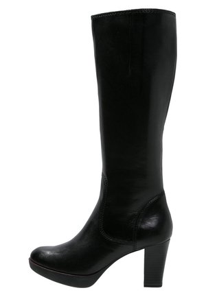 Black leather knee-high women's boot with rounded toe and stacked block heel, side view on white background.