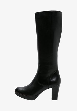 Sort læderstøvle til kvinder, knæhøj med rund tå og stablet blokhæl, set fra siden på hvid baggrund.