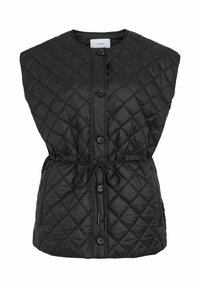 Svart quiltad väst med hög krage, knäppning och justerbar dragsko i midjan. Har diamantmönster och slät textur.