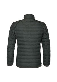 Mörkgrå quiltad puffjacka med hög krage, långa ärmar och horisontell söm, visad bakifrån mot en vit bakgrund.