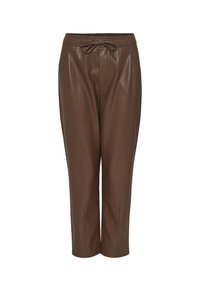 Bruine leren broek met een gladde textuur, voorzien van een elastische tailleband en trekkoord. Verkorte lengte met taps toelopende pijpen.