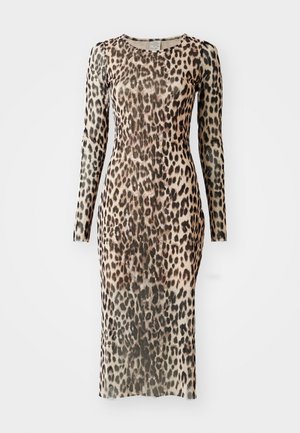 Vestido de manga longa com padrão de leopardo e silhueta ajustada, feito de tecido transparente, apresentando um padrão animal em tons de castanho e bege.