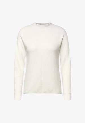 Hvid langærmet sweater med et tekstureret ribbet design, rund hals og tætsiddende manchetter. Glat materiale med en lige pasform.