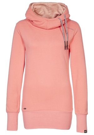 Roze hoodie met lange mouwen, hoge funnel hals en trekkoorden, met geribde manchetten en zoom.