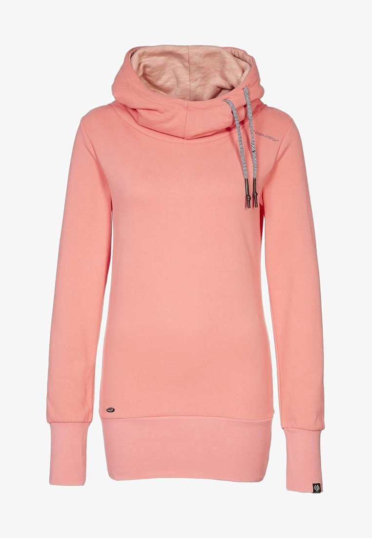Sweat à capuche rose à manches longues avec col haut en forme d'entonnoir et cordons, avec poignets et ourlet côtelés.