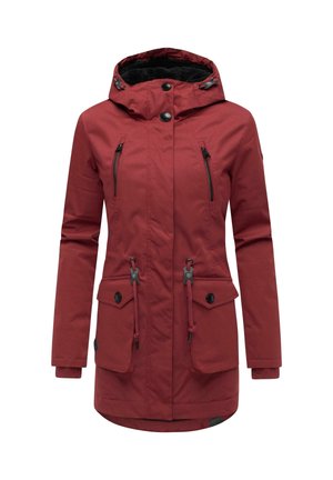 Red waterproof jacket with a hood, featuring zippered pockets, adjustable waist drawstrings, and elastic cuffs. Smooth texture and durable fabric.