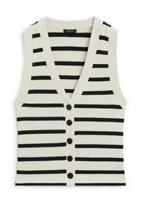 Bezrekawnik w paski w kolorze kości słoniowej i czarnym, z dekoltem w serek, prążkowaną fakturą oraz sześcioma czarnymi guzikami na przodzie.