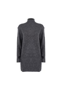 Abito maglione grigio carbone con collo alto, maniche lunghe e spacchi laterali. Realizzato in un tessuto morbido e testurizzato, offre una vestibilità rilassata.