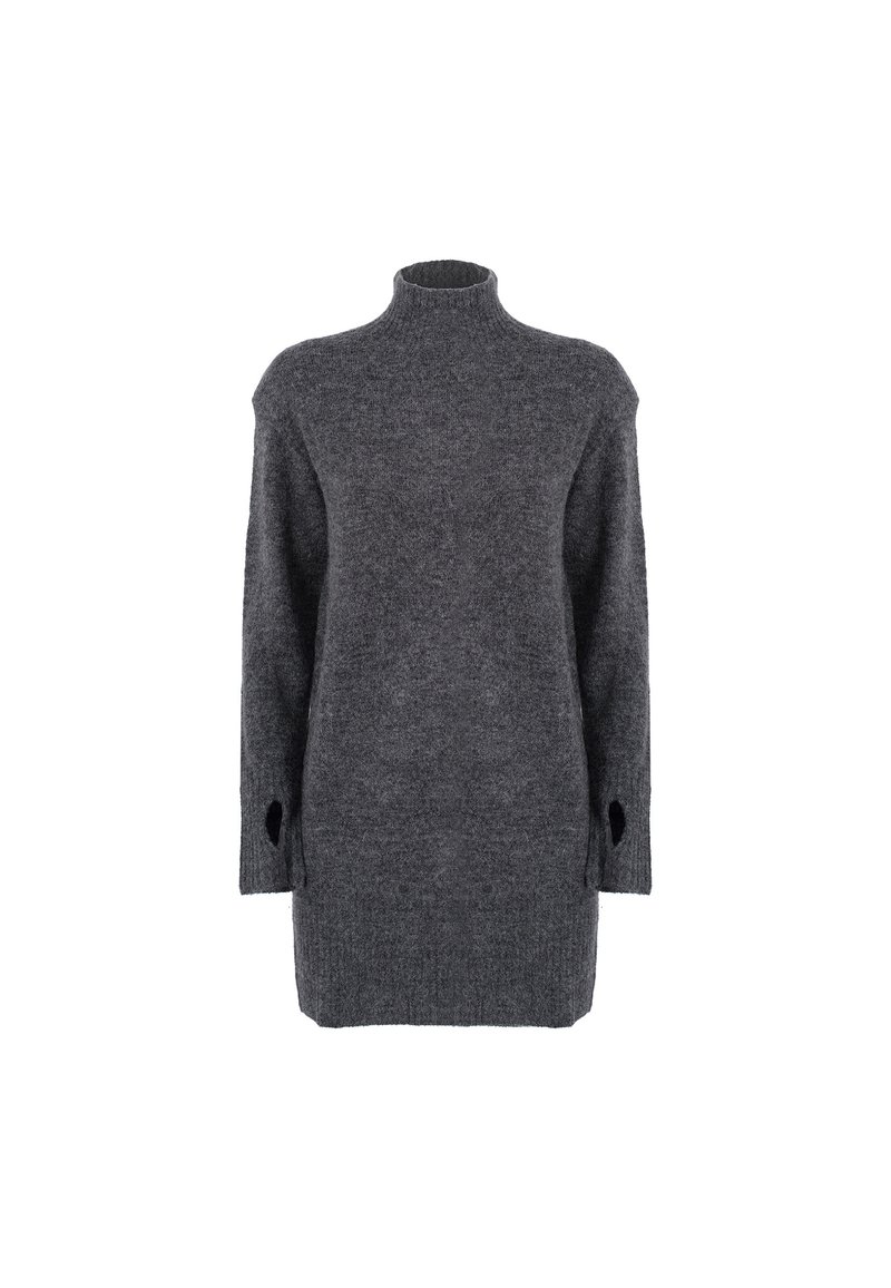 Abito maglione grigio carbone con collo alto, maniche lunghe e spacchi laterali. Realizzato in un tessuto morbido e testurizzato, offre una vestibilità rilassata.