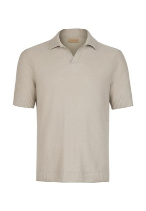 Beige strikket kortærmet polo med ribbet krave, manchetter og kant, med V-udskæring ved halsen.