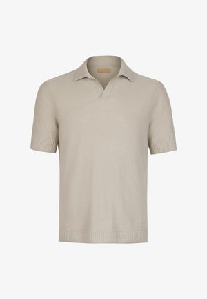 Beige strikket kortærmet polo med ribbet krave, manchetter og kant, med V-udskæring ved halsen.