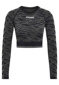 Svart och grå långärmad crop top med ett vågigt mönster, med en logotyp på bröstet och randig design på ärmarna.