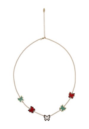 Zlatý řetízek s pěti přívěsky ve tvaru motýlů v zeleném, červeném a bílém smaltu rovnoměrně rozmístěnými podél řetízku.