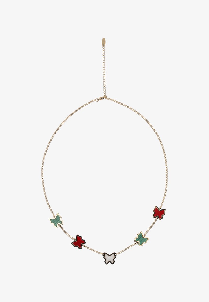 Złoty naszyjnik z pięcioma zawieszkami w kształcie motyli w zielonej, czerwonej i białej emalii, równomiernie rozmieszczonymi na łańcuszku.