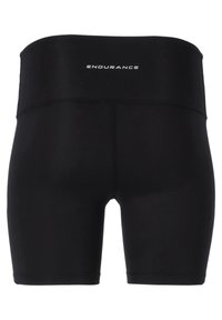 Shorts neri a compressione realizzati in un tessuto elastico con una fascia in vita ampia. Presentano la scritta "ENDURANCE" sulla fascia in vita in bianco.