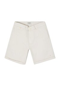Bermudas de algodón beige con dobladillo enrollado, que cuentan con dos bolsillos frontales y un cierre de botón. Etiqueta visible en el interior de la cinturilla.
