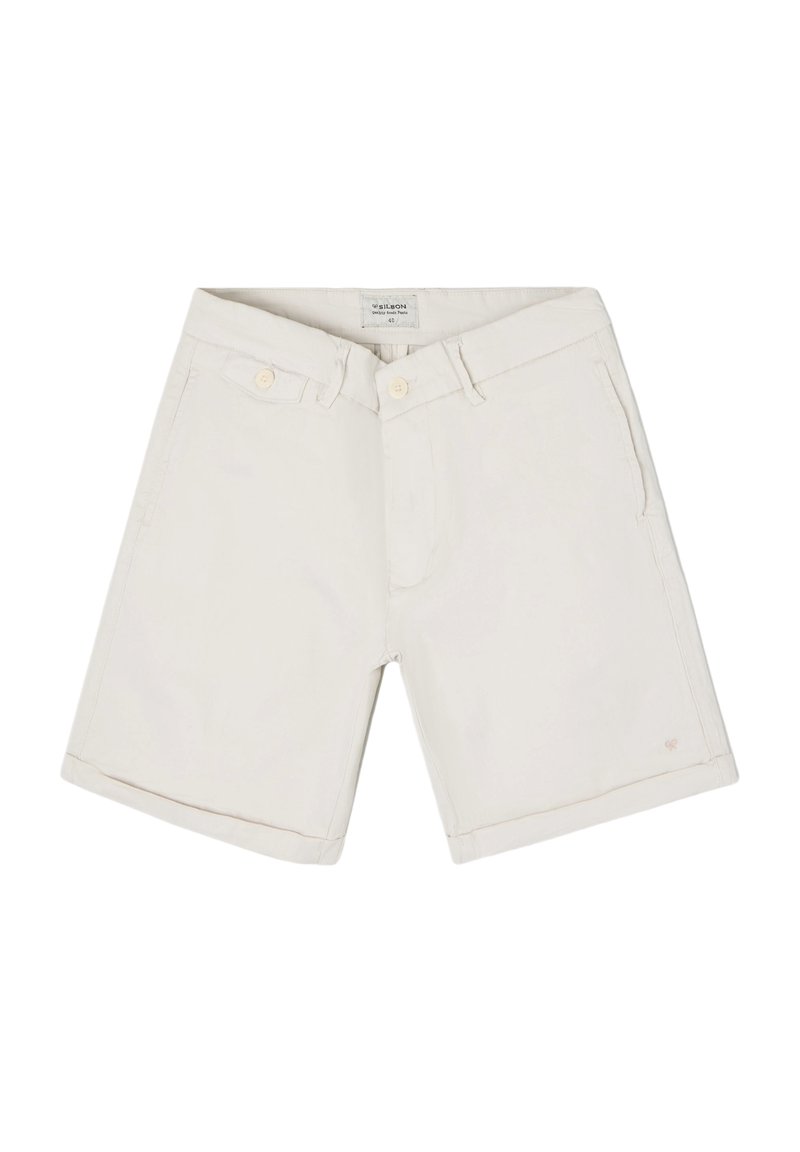 Bermudas de algodón beige con dobladillo enrollado, que cuentan con dos bolsillos frontales y un cierre de botón. Etiqueta visible en el interior de la cinturilla.