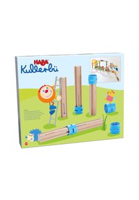 Houten speelgoedset met hoge kolommen en blauwe connectors, met cartoonfiguren, ontworpen voor het bouwen van knikkerbanen voor kinderen van 2-8 jaar.