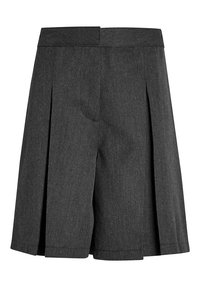 Pantaloni corti a pieghe grigio scuro con vita e fessure laterali. Realizzati in un tessuto testurizzato, presentano una finitura pulita e senza tasche visibili.