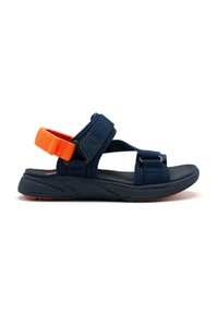Sandale bleu marine avec des straps réglables, agrémentée d'une touche orange. Semelle intérieure texturée et semelle en caoutchouc pour le confort et l'adhérence.