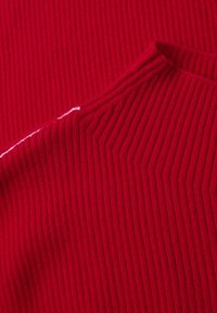 Rode ribstof met een gestructureerd patroon van verticale lijnen. Het materiaal lijkt zacht en iets elastisch. Opvallende stiksel details zijn zichtbaar.