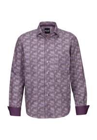 Camicia da uomo a maniche lunghe di colore viola con un motivo geometrico, polsini viola uniti, chiusura con bottoni e dettaglio del logo sulla tasca del petto.