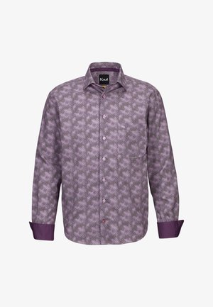 Lange Herrenbluse in Lila mit geometrischem Muster, einfarbigen lila Manschetten, Knopfleiste und Logodetail auf der Brusttasche.