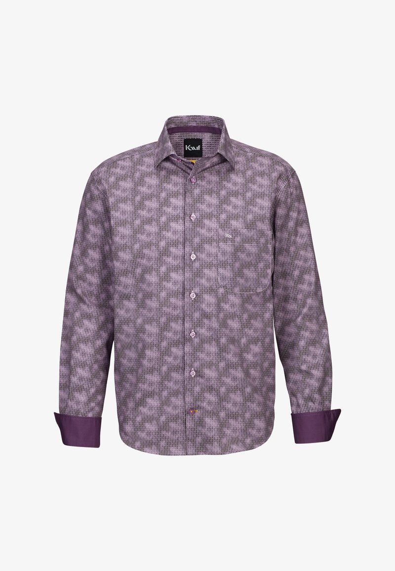 Camicia da uomo a maniche lunghe di colore viola con un motivo geometrico, polsini viola uniti, chiusura con bottoni e dettaglio del logo sulla tasca del petto.