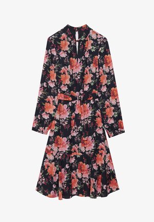 Cvečna obleka z dolgimi rokavi, A-linije, z črnim ozadjem in velikimi oranžnimi ter roza cvetovi, ter usklajeno pasom.