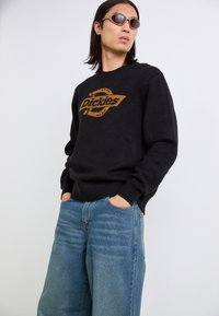 Svart strikkegenser med en brun "Dickies" logo, kombinert med lys blå vidbukser. Genseren har ribbede mansjetter og rund hals.