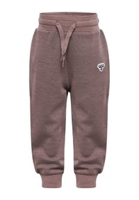 Bruna sweatpants gjorda av ett mjukt material, med ett elastiskt midjeband och snörning, samt en liten logo på vänster lår.