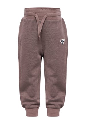 Bruine sweatpants gemaakt van een zachte stof, met een elastische tailleband met trekkoord en een klein logo op de linker bovenbeen.
