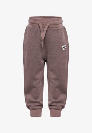 Bruine sweatpants gemaakt van een zachte stof, met een elastische tailleband met trekkoord en een klein logo op de linker bovenbeen.