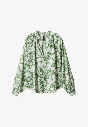 Blusa verde con estampado floral blanco, mangas largas abullonadas, cierre de botones delante y detalle de cuello con volantes.