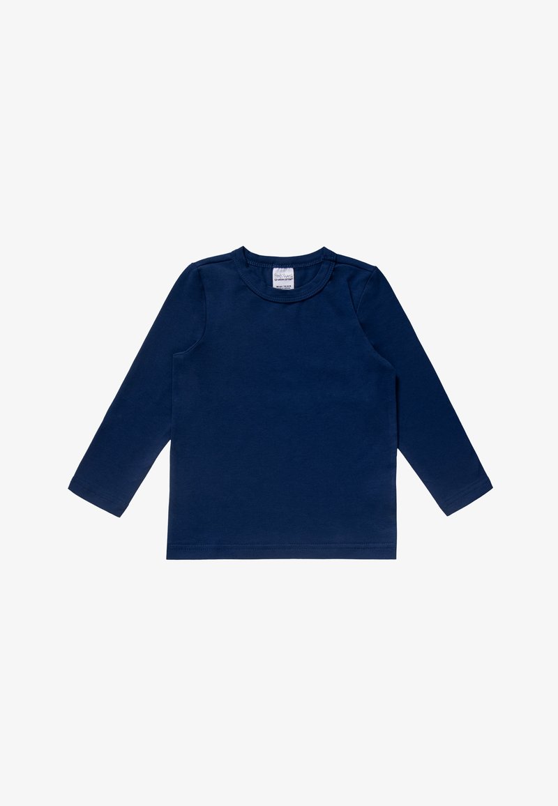 Dunkelblauses Langarmshirt aus weicher Baumwolle mit Rundhalsausschnitt, schlichtem Design und genähten Akzenten an den Ärmeln und dem Saum.