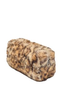 Leopard print furry cosmetic bag with a rounded shape, soft texture, and a silver zipper detail on one end.
